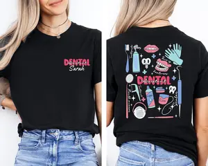 Dual Side Print Custom Name Dental Themed Graphic Shirt Bundles | 100% Pure Cotton Soft Skin‑Friendly | Breathable Fade‑Resistant Print | For Women Healthcare Workers | Daily Casual Work Wear | Cute Dentist Hygienist Appreciation Gift Tee