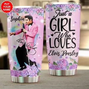 Just A Girl Who Loves Elvis Presley Pink Floral 20oz Tumbler, Stainless Steel Curved Gift