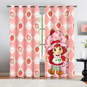 Sweet Cute Strawberry Shortcake & Bunny Pink Plaid Curtains, Durable Blackout Curtains, Cute Kids Bedroom Decor for Girls' Room, Sweet Aesthetic Home Drapes, Window Curtain, Perfect Gift for Cartoon Lovers Bedroom Decor