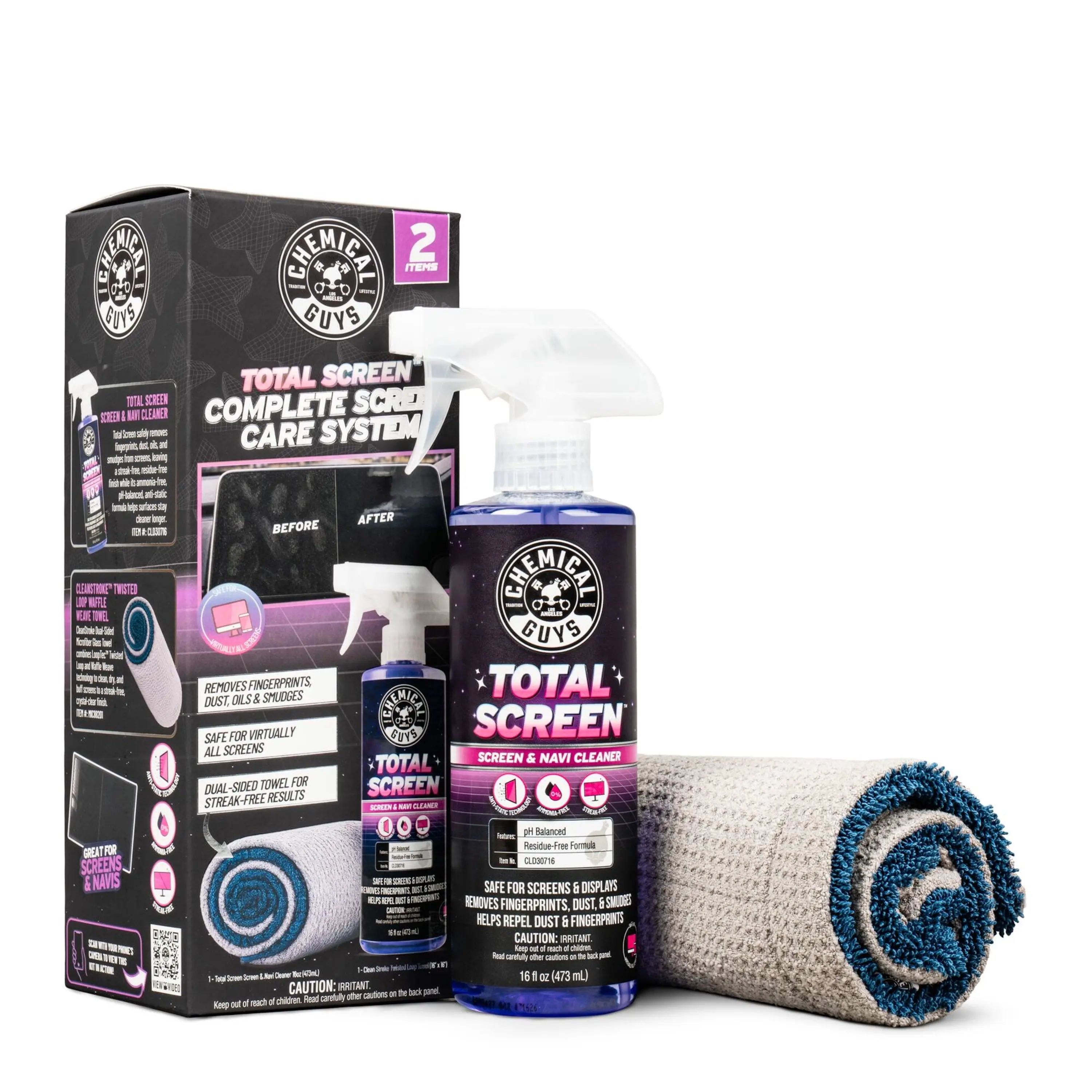 Chemical Guys Total Screen Care System - Ammonia-Free Anti-Static Cleaner + Waffle Weave Dual-Sided Microfiber Towel for Car Touchscreen, Navigation Screens, Smartphone, Digital Devices