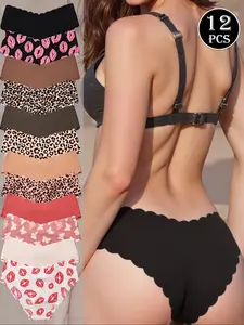 Women's Seamless Panties Set 12-Pack, 4 Styles (solid Color/bengal Print/lip Print/butterfly Print), Quick-Dry Nylon, Yoga Fitness Dance Wear