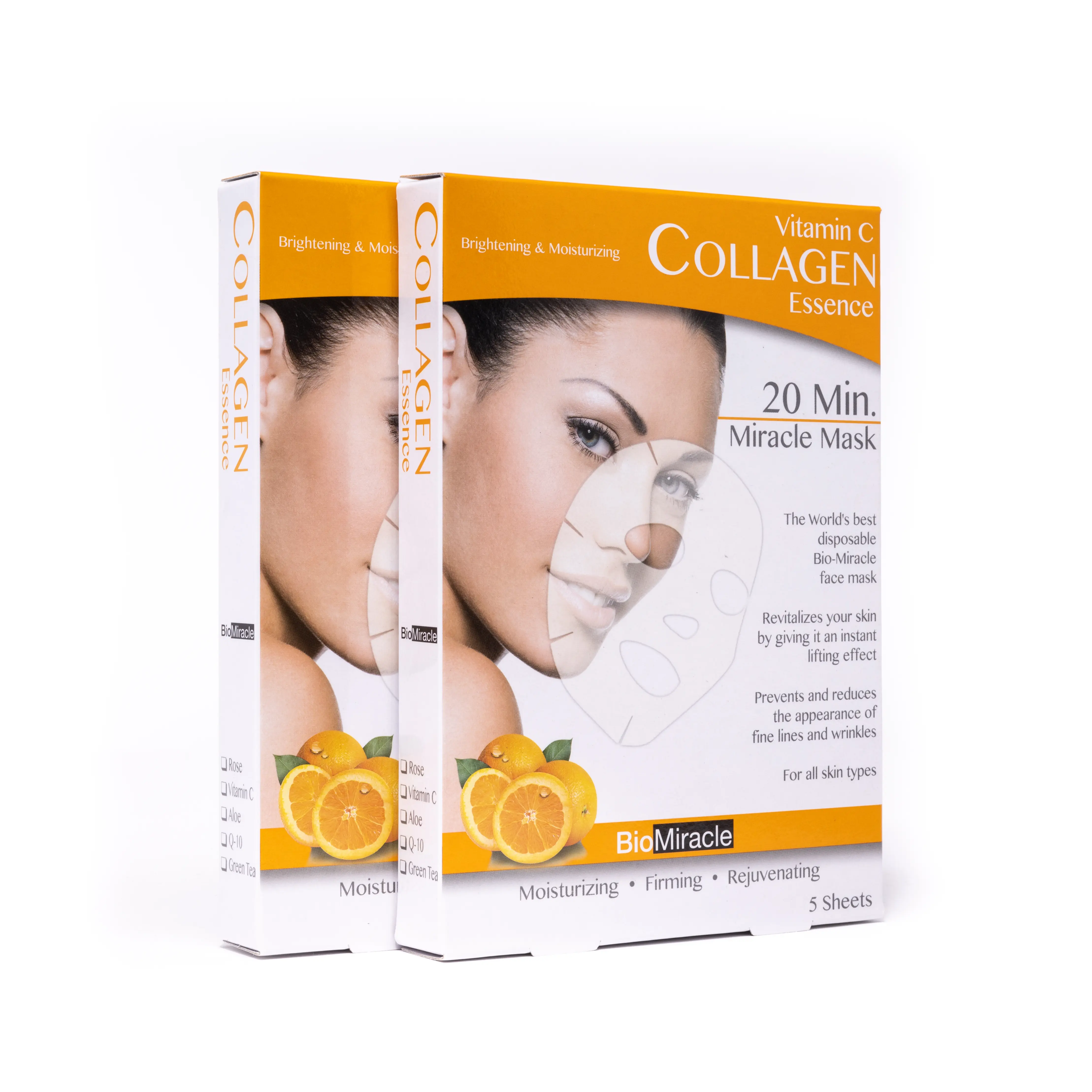 BioMiracle Vitamin C Collagen Essence 20 Min Miracle Mask - Brightening Moisturizing Firming 5 Sheet Value Pack x 2 for All Skin Types - Facial