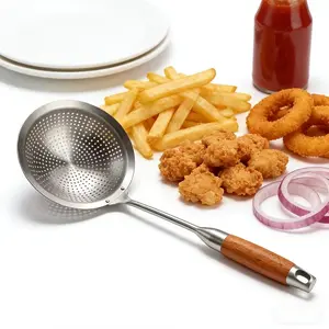Stainless Steel Oil Skimmer with Wooden Handle, Heat-Resistant Long Handle, Ideal for Deep Frying, Cooking, Straining, Kitchen Essential Utensils