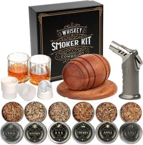 ComboJoy Whiskey Smoker Kit with Torch - 6 Flavors Wood Chips 2 Glasses 2 Ice Ball Molds Cocktail Smoker Infuser Kit for Old Fashioned Drinks Bourbon Gifts for Men Dad Durable Wood 15