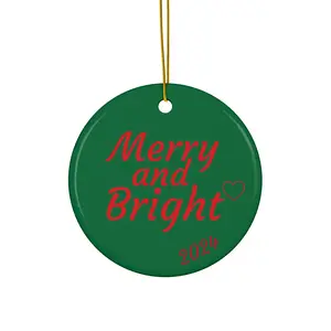 Ceramic Ornament, Merry & Bright Christmas Tree Decoration, Glossy Holiday Ornament, Cheerful Ceramic Bauble, Festive Hanging Ornament,