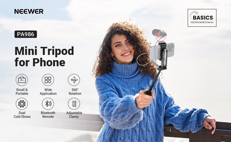NEEWER Mini Phone Selfie Stick Tripod  with Bluetooth Remote, Pocket Size Portable Travel Stand, Focus & Zoom Control, 360° Rotation, for iPhone Android, Ideal for Vlogging, Travel, Live Streaming, Gift for Mother/Girls/Friends