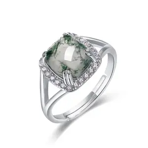 Classic Large Carat Natural Green Moss Agate Ring 925 Sterling Silver Women Men Custom Fine Jewelry Adjustable Ring