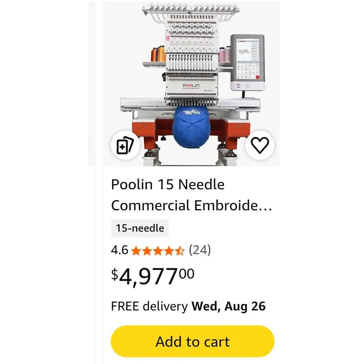 Poolin 15 Needle Commercial Embroidery Machine with 15-Needle Setup, 4.6 Stars, $4,977.00, Free Delivery