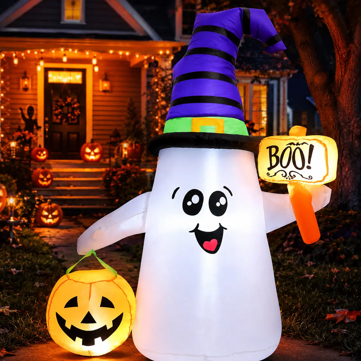 GOOSH 5FT Halloween Inflatable Wizard Ghost with Pumpkin, LED Lighted Outdoor Yard Decoration, Cute Blow Up Ghost for Lawn Garden Party Holiday Decor