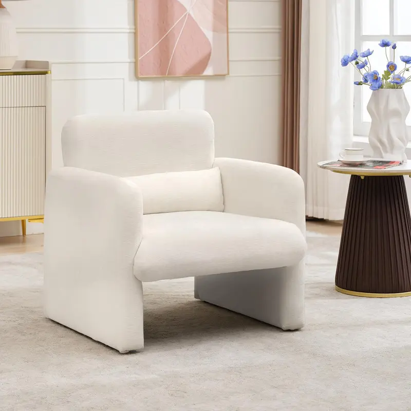 Modern Chenille Upholstered Comfortable Cushioned Designer Fabric Dual Arm Accent Chair, Single Comfy Reading Chair with Waist Pillow for Living Room, Office, Comfortable Armchairs, Cushioned Armchairs