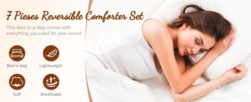 Cosybay Premium Queen Size Comforter Set 7pcs, All Season Quilted Down Alternative Duvet Insert Lightweight Breathable Reversible Design Luxury Hotel Warm Comforter with Anti-Clump Tech & 4 Tabs,Flat sheet,Fitted Sheet,Pillowcases,gift for christmas