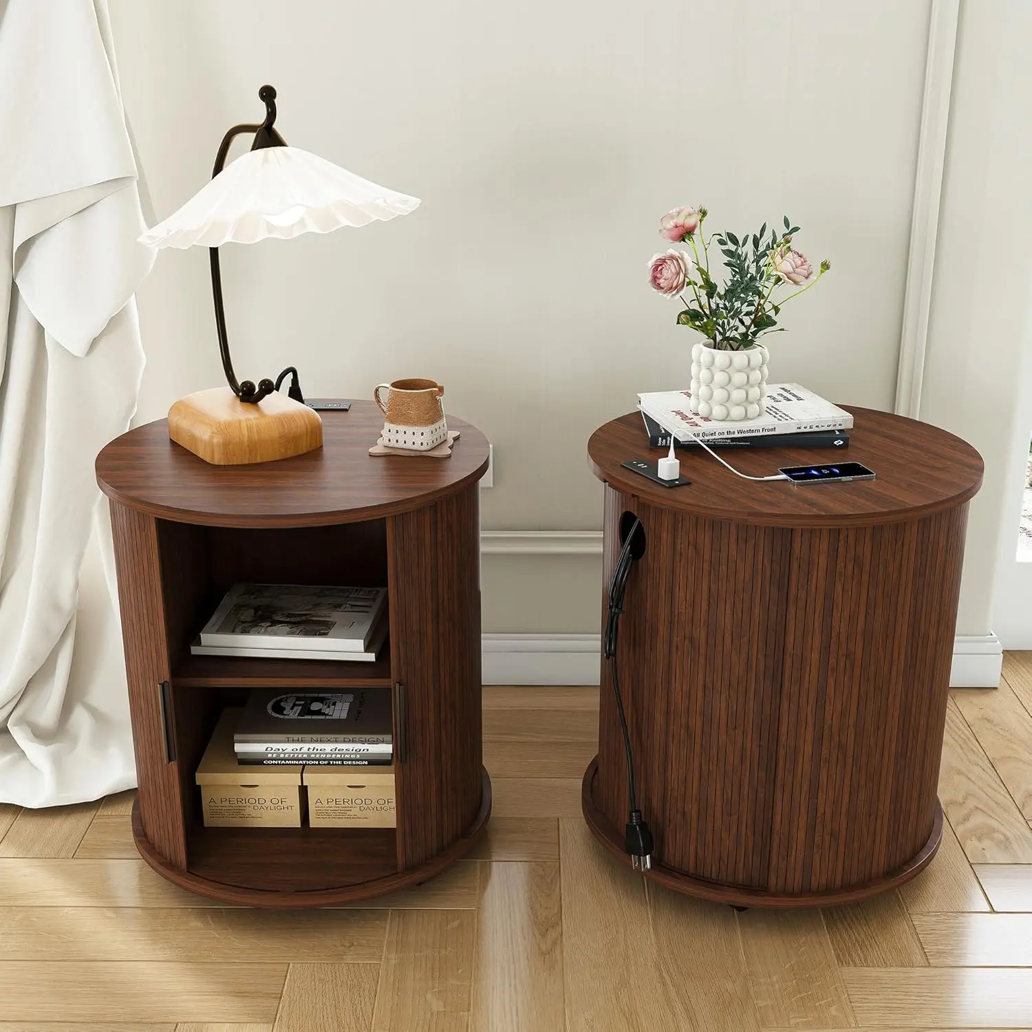 2-Piece Mid Century Modern Cylinder End Tables - Charging Station Bedside Tables, Walnut Round Nightstand with Sliding Door, USB Ports, Double-Deck Storage for Living Room, Bedroom, Double-Deck Bedside Tables