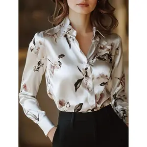 Women's printed satin button up shirt, elegant long sleeved button closure top, suitable for work, office, business, all season women's clothing, shirtRAIMENTRY