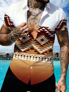 Ethnic Geometric Pattern Men's Short Sleeve Shirt, Summer Fashion Casual Shirt, Slim Fit Versatile Style