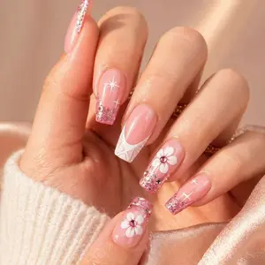Glitter Flower Rhinestone Nail Extensions, 24-Piece Medium-Length Oval Nails Set, Fresh Manicure Kit with Tools Included, Glittering Fake Nails