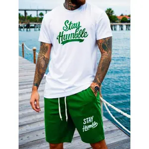 Men'S Stay Humble T-Shirt & Shorts Set - 3D Print, Breathable Fabric, Regular Fit, Casual Summer Outfit with Digital Floral Design, Lightweight Comfortable for Adults Clothes Menswear Tropical Shortsleeve