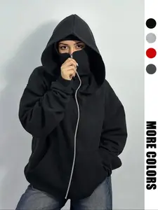 Women's Fall Winter Plain Hooded Sweatshirt with Mask Design, Zipper, Long Sleeve, Loose Fit, Casual Fashion for Home, Work, Outdoor