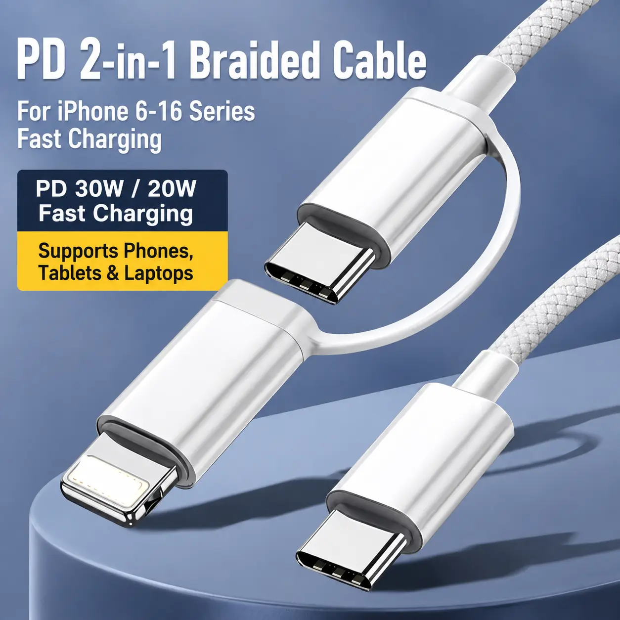 Durable Mobile 2-in-1 Braided Fast Charging Cable, PD 30W/20W USB-C to Lightning & USB Type-C Dual Cord, Compatible with iPhone 6-17 Series, Fast Charge & Data Sync for Phones Tablets Laptops