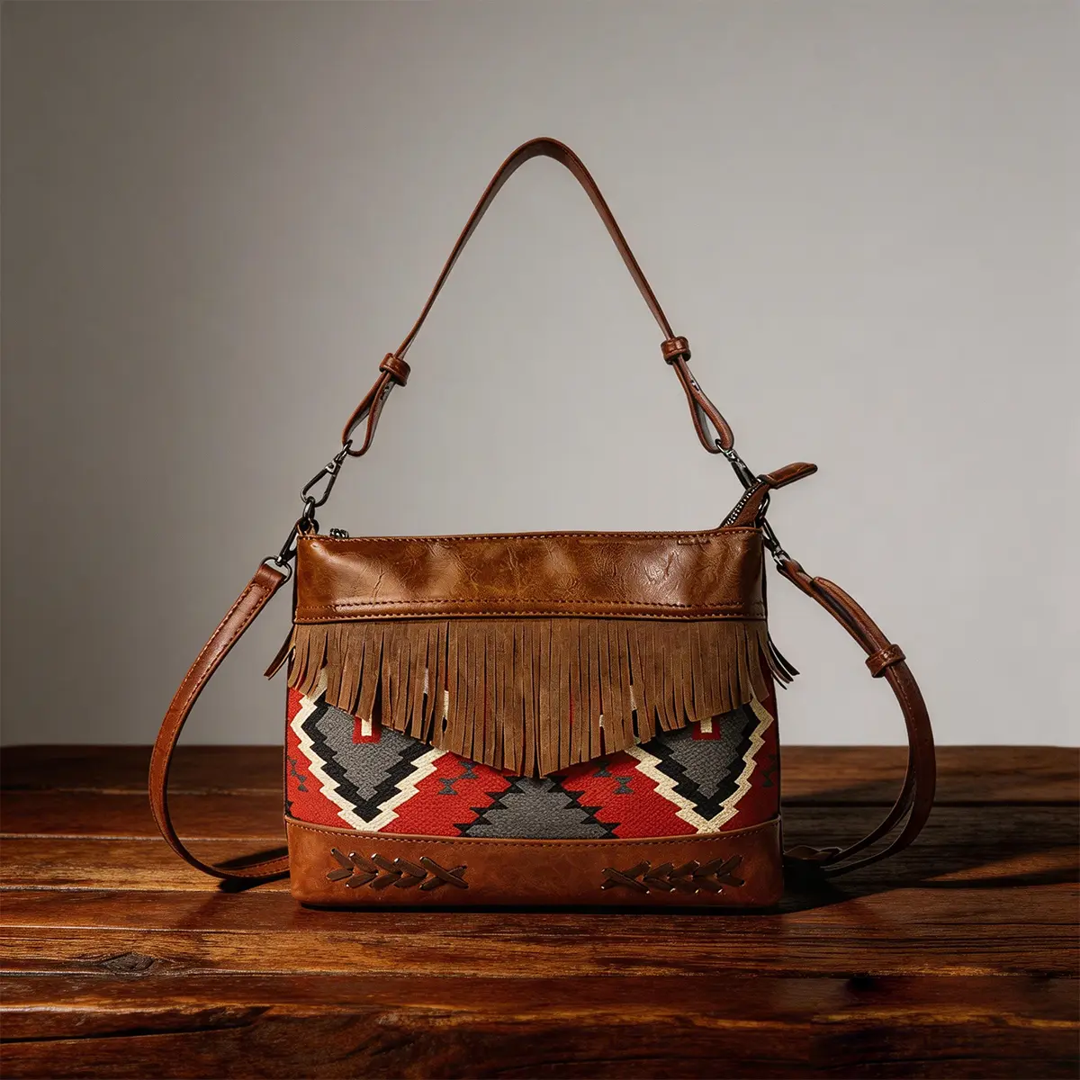 Bohemian Crossbody Purse for Girls, Aztec Print Faux Leather Western Tribal Bag with Fringe, Adjustable Strap for Boho Chic Outfits, Casual, Vibrant