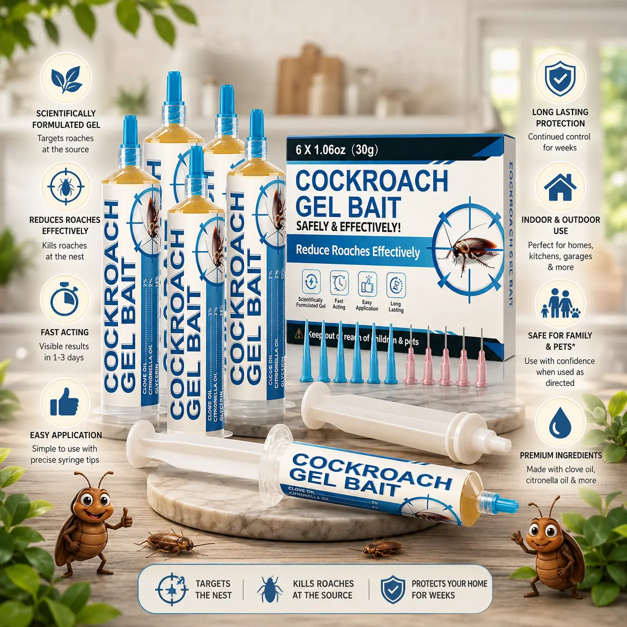 6 Pack Cockroach Gel, Upgraded Indoor Roach Gel Fast-Acting & Long-Lasting, Easy to Apply Kitchen Bathroom Basement Indoor, No Mess