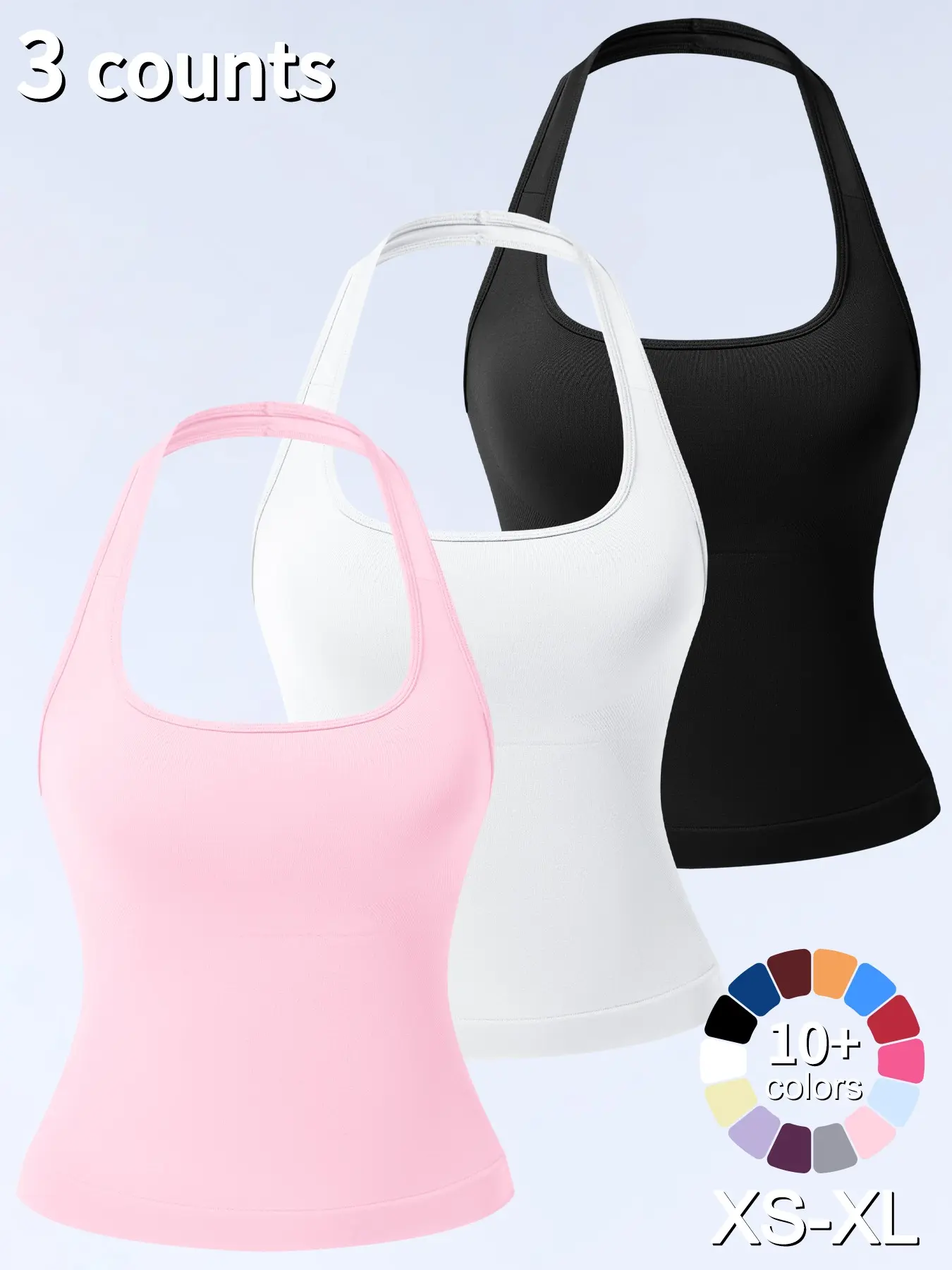 1/2/3/4 Pcs Women's Sleeveless Yoga Halter Neck Tank Top with Removable Pads, Three-Layer Seamless Backless Tank Tops Casual Solid Color Soft All Seasons Wear 1/2/3/4 Pcs Women's Sleeveless Yoga Halter Neck Tank Top with Removable Pads, Three-Layer Seamless Backless Tank Tops Casual Solid Color Soft All Seasons Wear