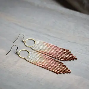 Pink Peony Ombré Dream Catcher Fringe Earring Hoops - Handmade Boho Seed Bead Jewelry for Women - Western Wedding
