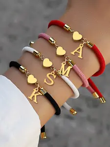 Heart-Shaped Initial Pendant Women's Rope, Classic Multi-Color Adjustable Rope Bracelet, Letter Link Bracelet, Casual Style, All Seasons