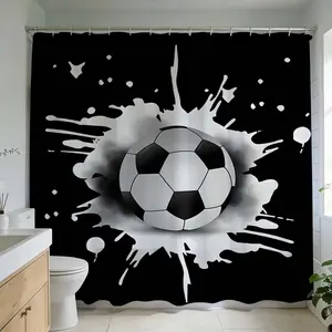 1 Pc Soccer theme bathroom design black and white splash art shower curtain modern home decor perfect for sports enthusiasts creative renovation ideas stylish sport print statement piece enhance bathroom style unique decor element bold decoration scenario