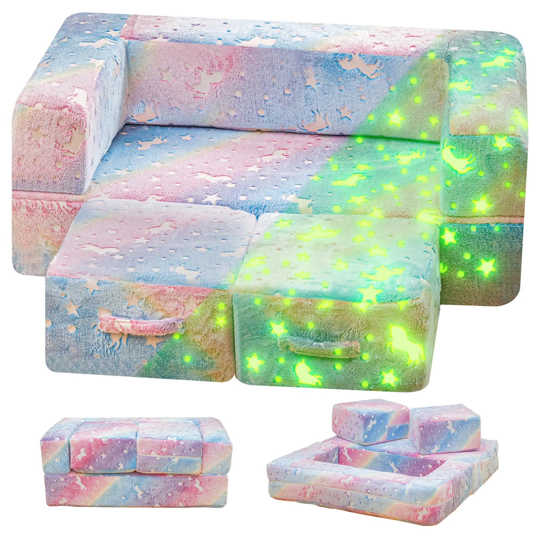 Lamerge Modular Glow-in-the-Dark Fold-out Play Couch - Comfy, Kid-Safe Foam Sofa for Kids 3+ to 11 Years, Living Room Interior Furniture, Resists Fading, Stars & Animals Theme, Ideal for Birthdays
