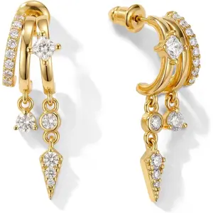 Triple Huggie Stacked Earrings for Women Gold Chain Drop Dangle Earrings Cute Statement CZ Earrings Trendy Dainty Jewelry Gift