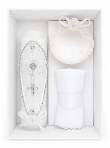 3-Piece Baptism Cross Candle Set | White or Ivory | Shell & Handkerchief