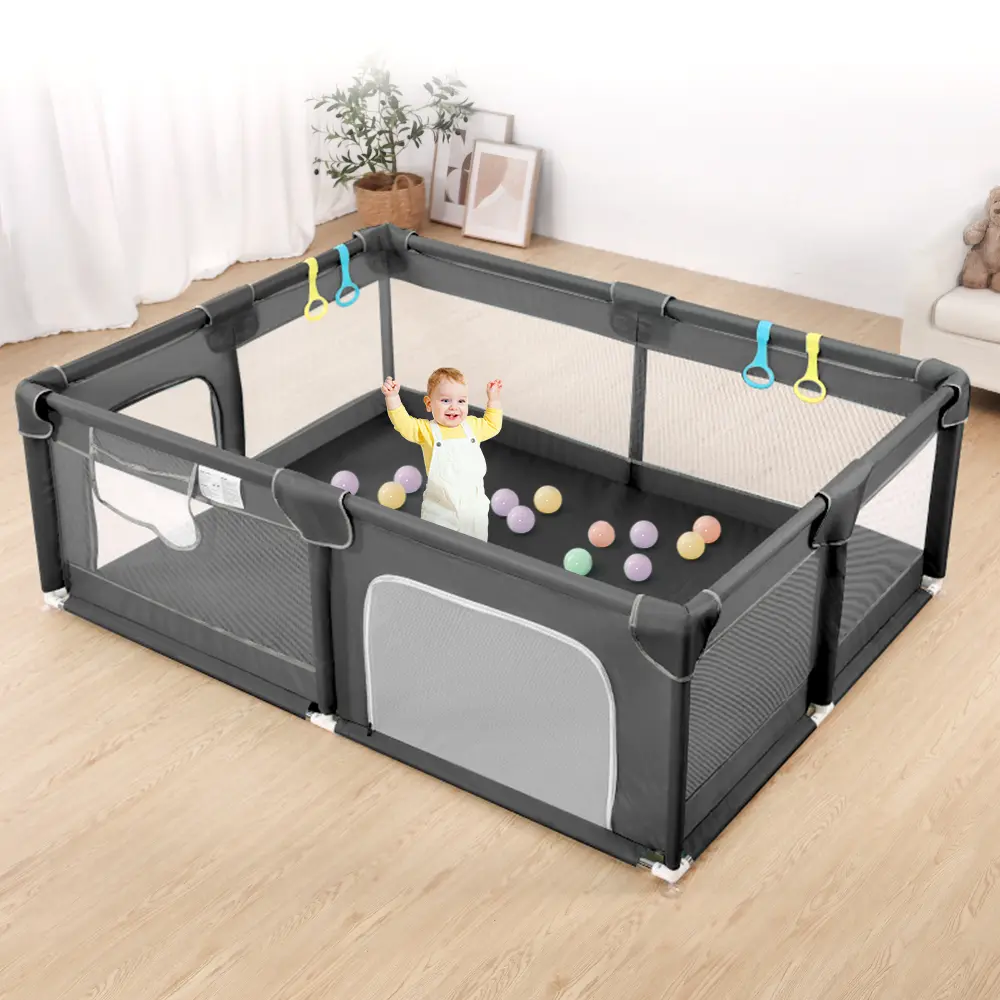 CAVEEN Baby Playpen, 74" x 50" x 26" Extra Large Playard, Portable Soft Mesh Sturdy Pipe Ample Space for abies and Toddler, Safe and Non-Slip Baby Fence, Full Mesh Design, Indoor & Outdoor Kids Activity Center, Dark Grey