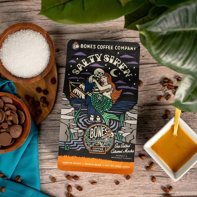 Bones Coffee Company Decaf Salty Siren, Sea Salted Caramel Mocha Flavor, Made with Arabica Coffee Beans, Ground and Whole Coffee (12oz) Beverage Roast