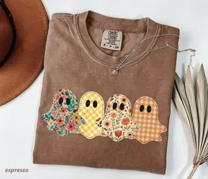 Comfort Colors Spooky Season Ghost T-Shirt, Floral Patchwork Style Print Tee, Preppy Fall Pumpkin Tee, Spooky Tee