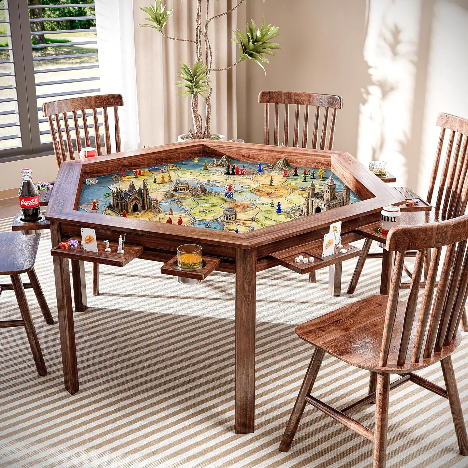 LAUSAINT HOME Board Game Table with Removable Table Top, 59” Play Area, Hexagon Gaming and Dining Table with Play Mat, Detachable Cup Holders and Trays for 6 Players, for Card, DND and Poker, Walnut