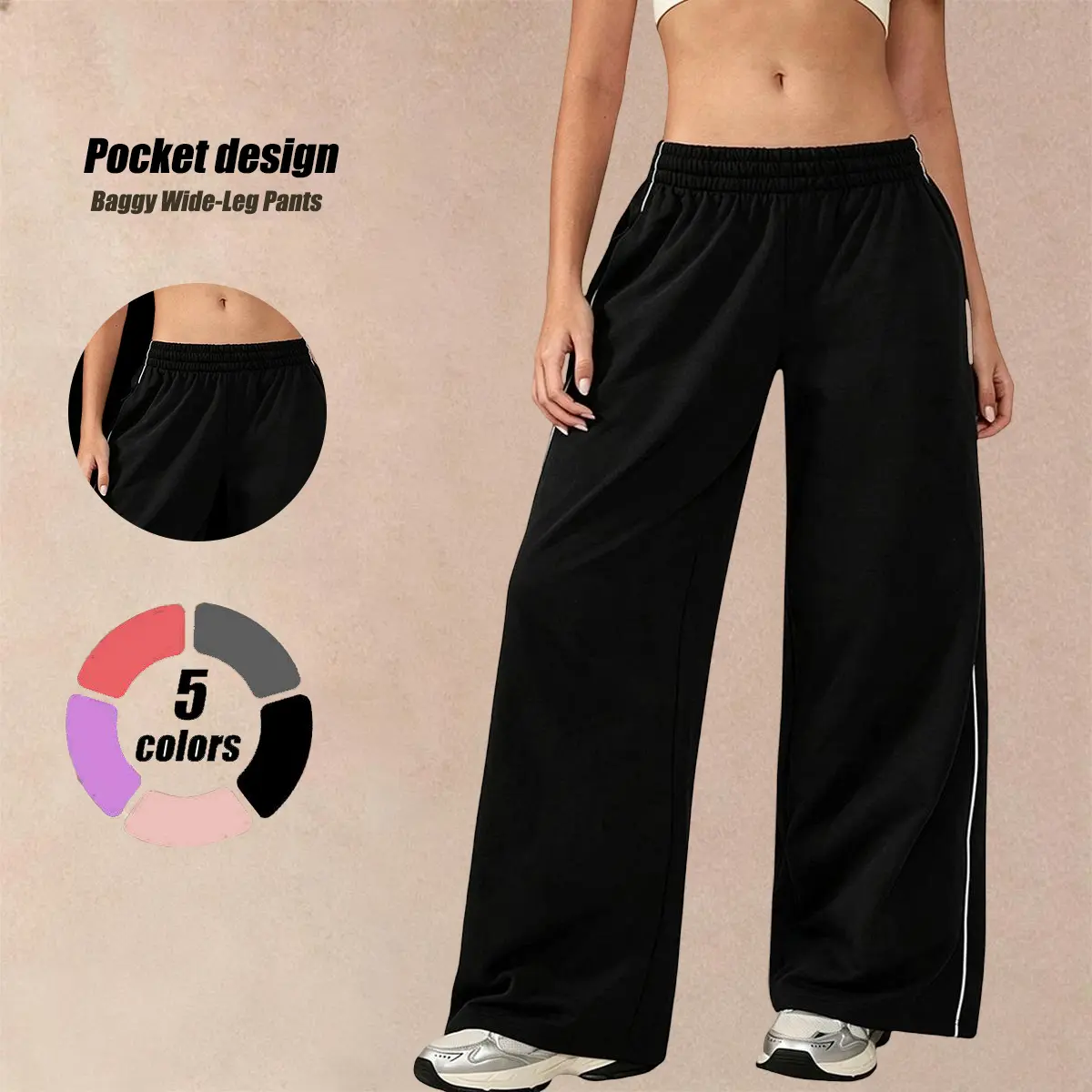 Women’s casual athletic long pants, solid color, loose fit, elastic waistband, suitable for outdoor fitness, running, and casual wear; women’s long pants, women’s pants