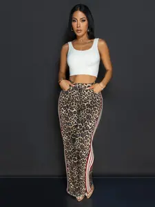 Women's Leopard Print Side Stripe Zipper Fly Wide Leg Pants, Casual Comfy High Waist Pocket Design Trousers for Daily Wear, Ladies Bottoms for All Seasons, Womenswear, Elastic Waist Pants