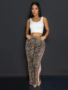 women's leopard print side stripe zipper fly wide leg pants, casual comfy high waist pocket design trousers for daily wear, ladies bottoms for all seasons, womenswear, elastic waist pants
