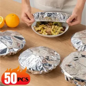 Reusable Aluminum Foil Food Covers, 50 Pack Elastic Kitchen Storage Lids, Keep Food Fresh & Warm, Anti-Pest Dustproof, Ideal for Bowls Plates, Insulated