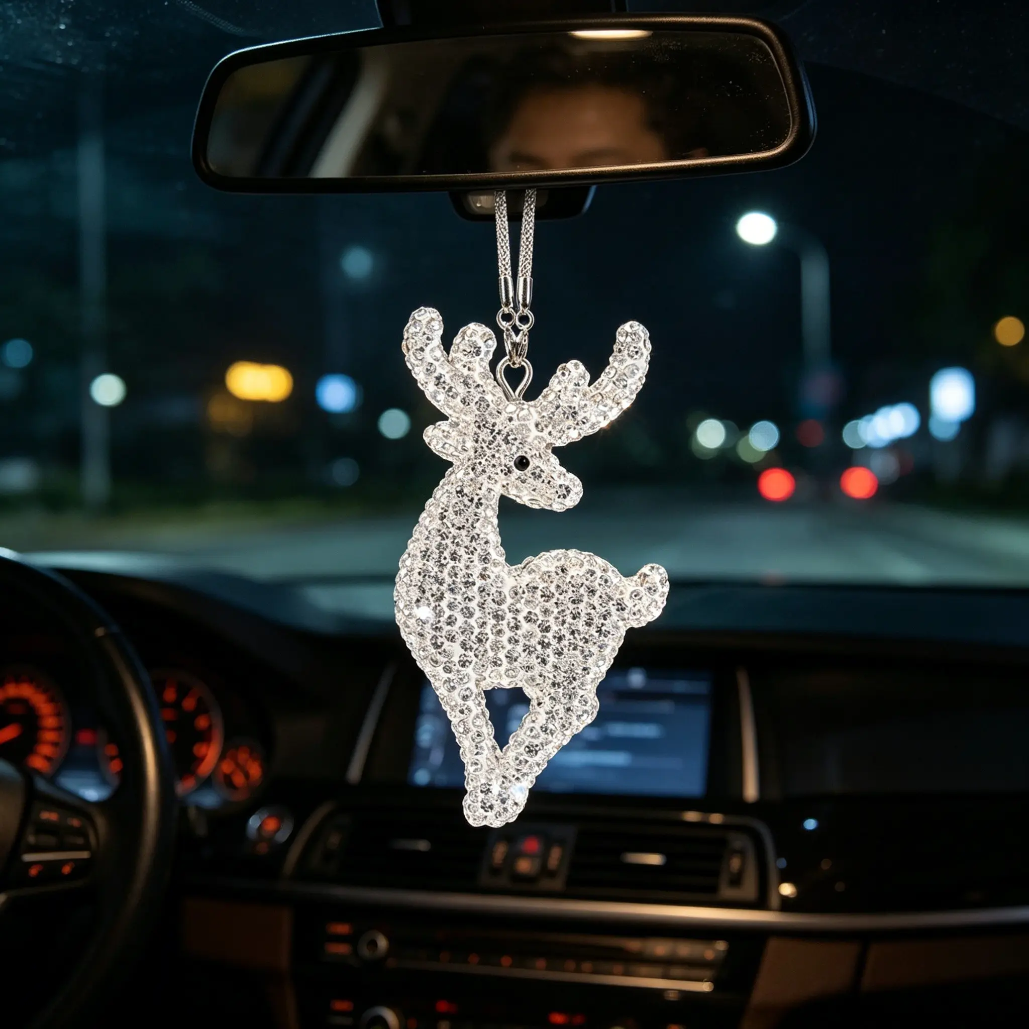 Elegant Crystal Reindeer Car Pendant, Sparkling Rhinestone Deer Keychain, Luxury Rearview Mirror Charm, Women's Car Decor, Safe Journey Ornament