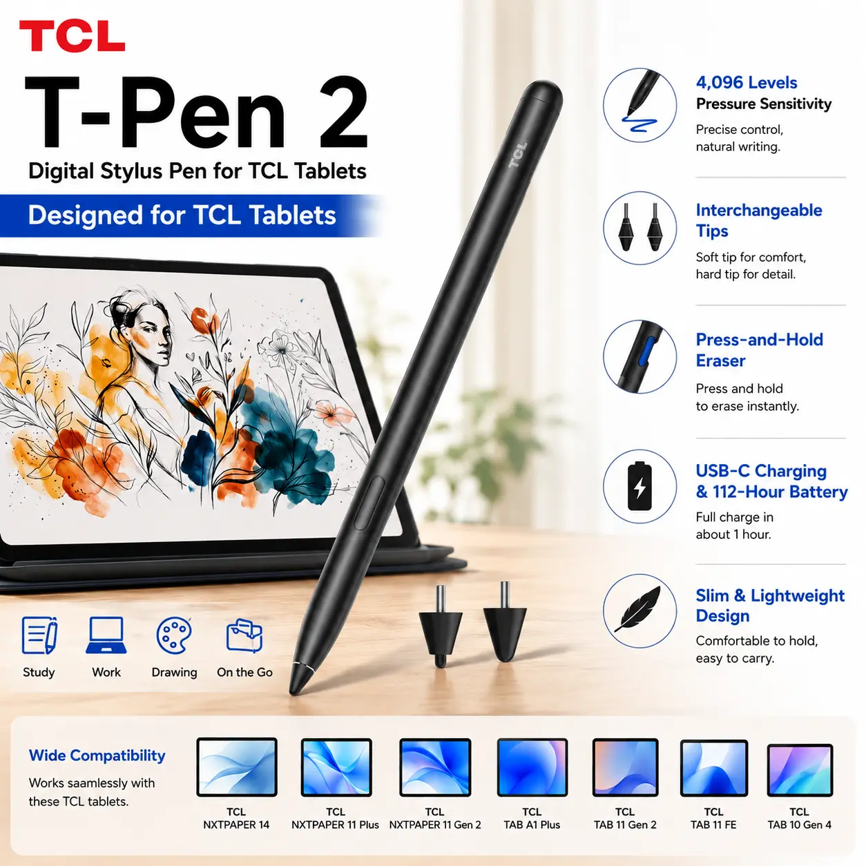 TCL T-Pen 2 Digital Stylus Pen for TCL Tablets-4,096 Pressure Levels | Interchangeable Tips, Press-and-Hold Eraser, 112-Hour Long Battery, Lightweight Stylus for Writing, Drawing, Sketching tiktokshopbacktoschool