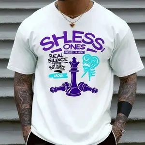 100% pure cotton SHLESS chess pattern T-shirt, "True Self Quiet" street style T-shirt, unisex casual loose short-sleeve top