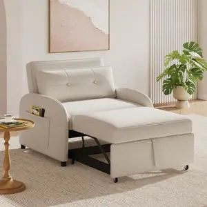 3-in-1 Convertible Sleeper Sofa Bed with Pillow & Pocket, Loveseat Sleeper Chair in Soft Cotton Linen, for Living Room, Bedroom, Study, Apartment, Beige