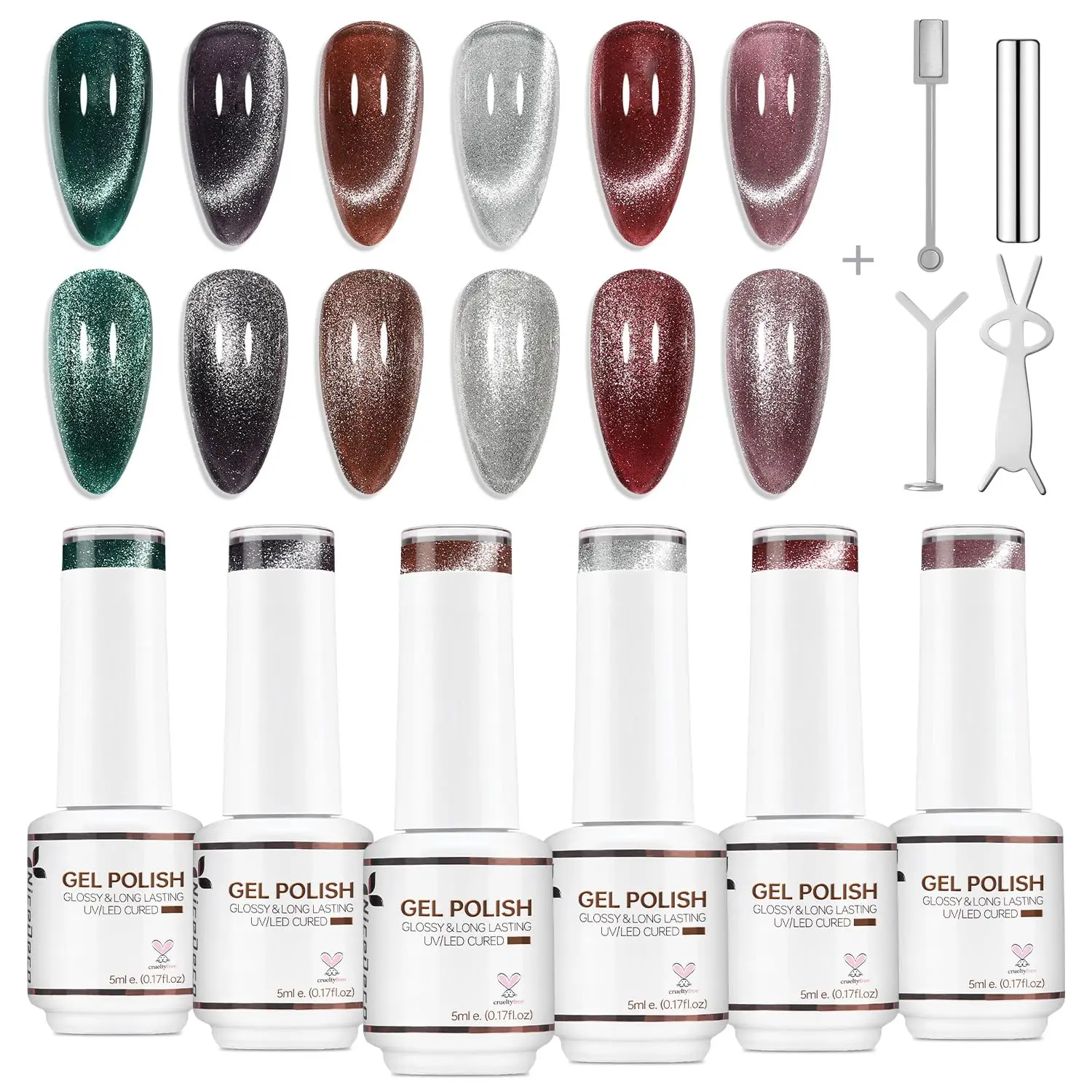 Nicedeco 6PCS 5ml Glitter Shimmer Transparent Magnetic Cat Eye Gel Polish Kit with Magnet – Glossy Crystal Liquid Effect, Reflective Translucent Jelly UV Nail Polish, Long Lasting for Salon & DIY