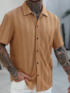 Trendy Casual Cool Men's Solid Color Button Front Textured Short Sleeve Shirt, Summer Wear, Stylish and Comfortable