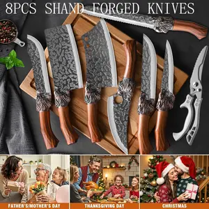 Kitchen Knife Set with 8 Items, Thickened Blade, Chef Knife, Bone Separator, Butcher Knife, Fish Knife, Scissors, Essential Kitchen Tool Set, Discounted