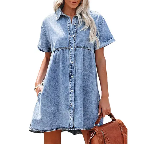 MIDIROSS Lady's Short-Sleeve Collared Button-Down Shirt Dress - Cotton, Flowy Tiered Babydoll Fit, Minimalist Elegant Style, Short Sleeve Midi Casual Dresses, Women's Casual Wear
