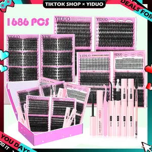YIDUO Volume Mega/Bottom 6 Box Mix 1686Pcs Lashes Clusters Kit Gift Packs with 2X Bond&Seal – Soft False Eyelash Wispy Natural DIY Individual Clusters Lash Kit for Beginners Bulk Pack Makeup