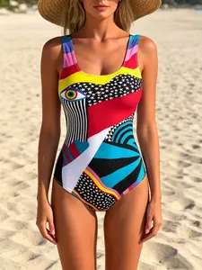 colorful abstract one-piece swimsuit designed for curvy figures, featuring wide shoulder straps, a U-neckline, and a body-hugging cut—perfect for summer beach trips and tropical resort outfits, showcasing a summer style and festive fashion vibe