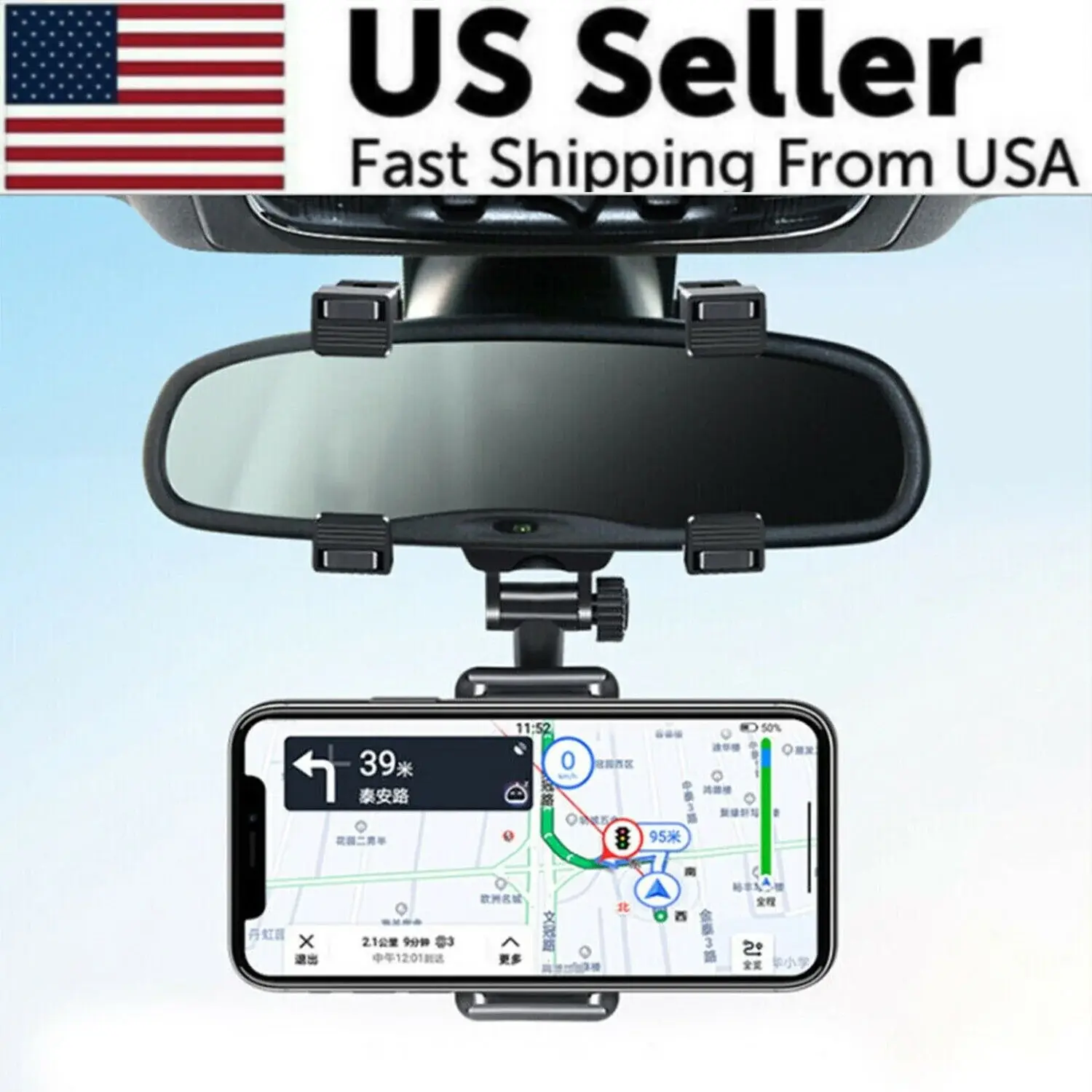 Ships from CA! 360° Car Mirror Phone Mount – Hands-Free GPS Holder for iPhone & Android (Fits 3"-6.7")
